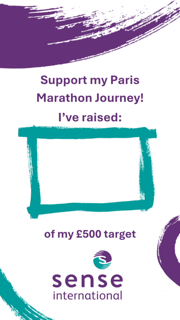 Instagram story template. A white background with purple text that reads "I'm running the Paris Marathon! I've raised:" followed a blank box for the user to paste text into. Underneath the box the text continues "of my £500 target."