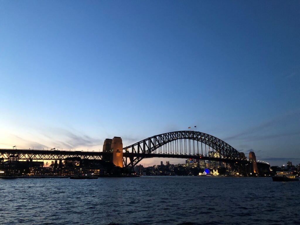 Sydney Harbour Bridge at dusk.