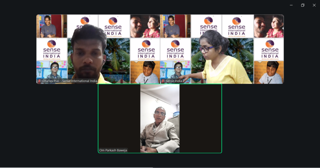 A screenshot of a Zoom call between Om Prakash Baweja and members of Sense International India