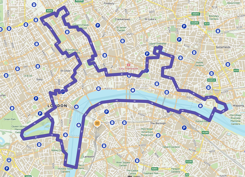 A map of London with a route highlighted in purple